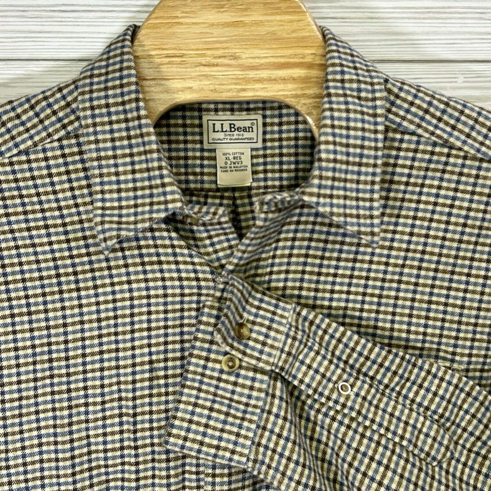 LL Bean Mens Cotton Button Up Long Sleeve Brown Blue Plaid Flannel‎ Shirt Sz XL
